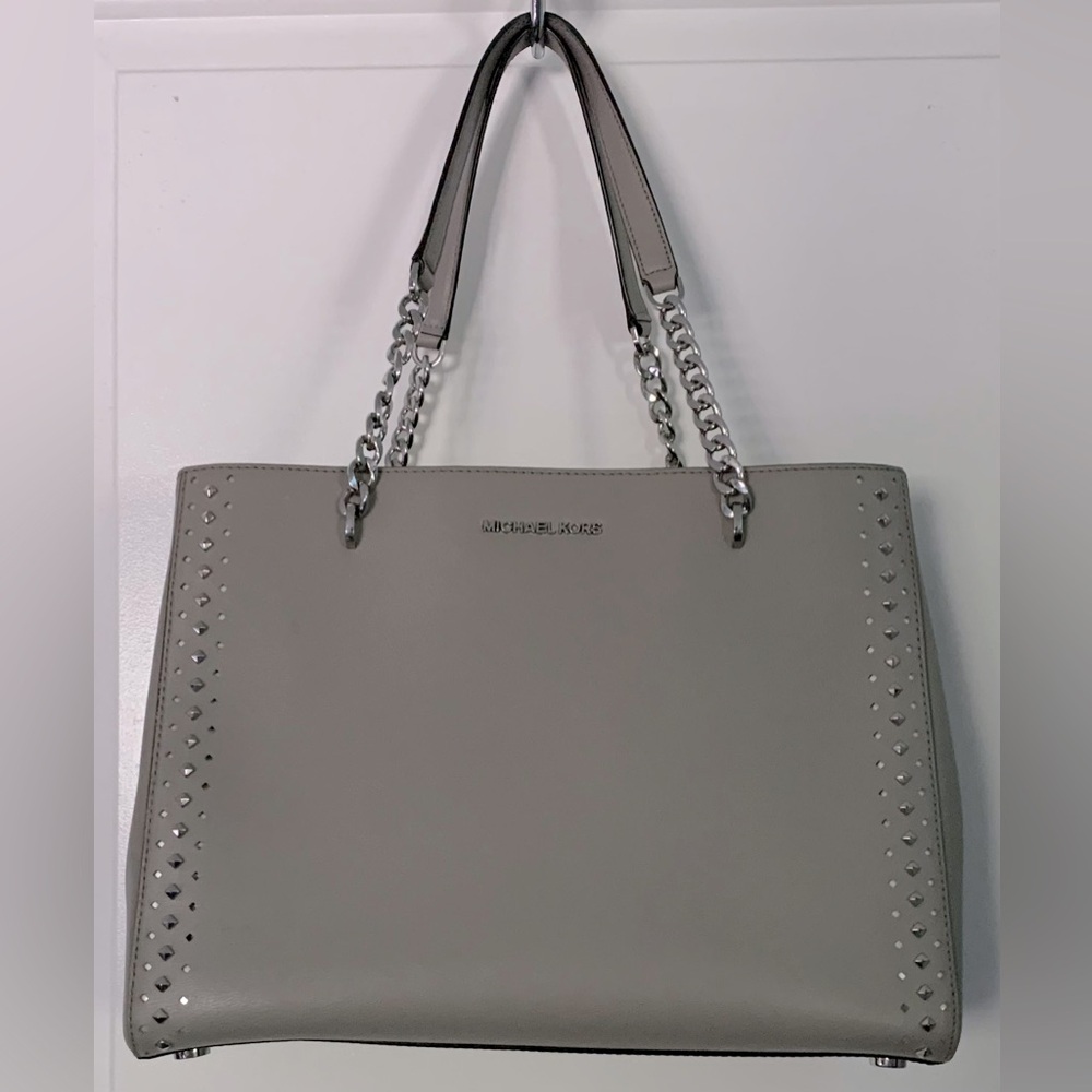 Michael Kors Large Ellis Pearl Grey Leather Handbag